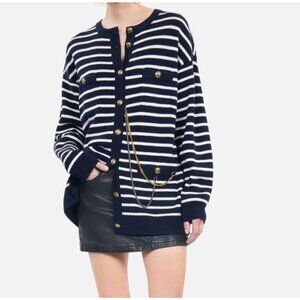 NWT The Kooples‎ Crew Neck Cardigan 100% Wool Blue White Stripe MSRP $525